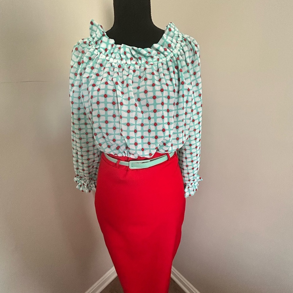 NWOT Lila Kass solid Red and geometric Mint Dress, size 8, made in Ukraine